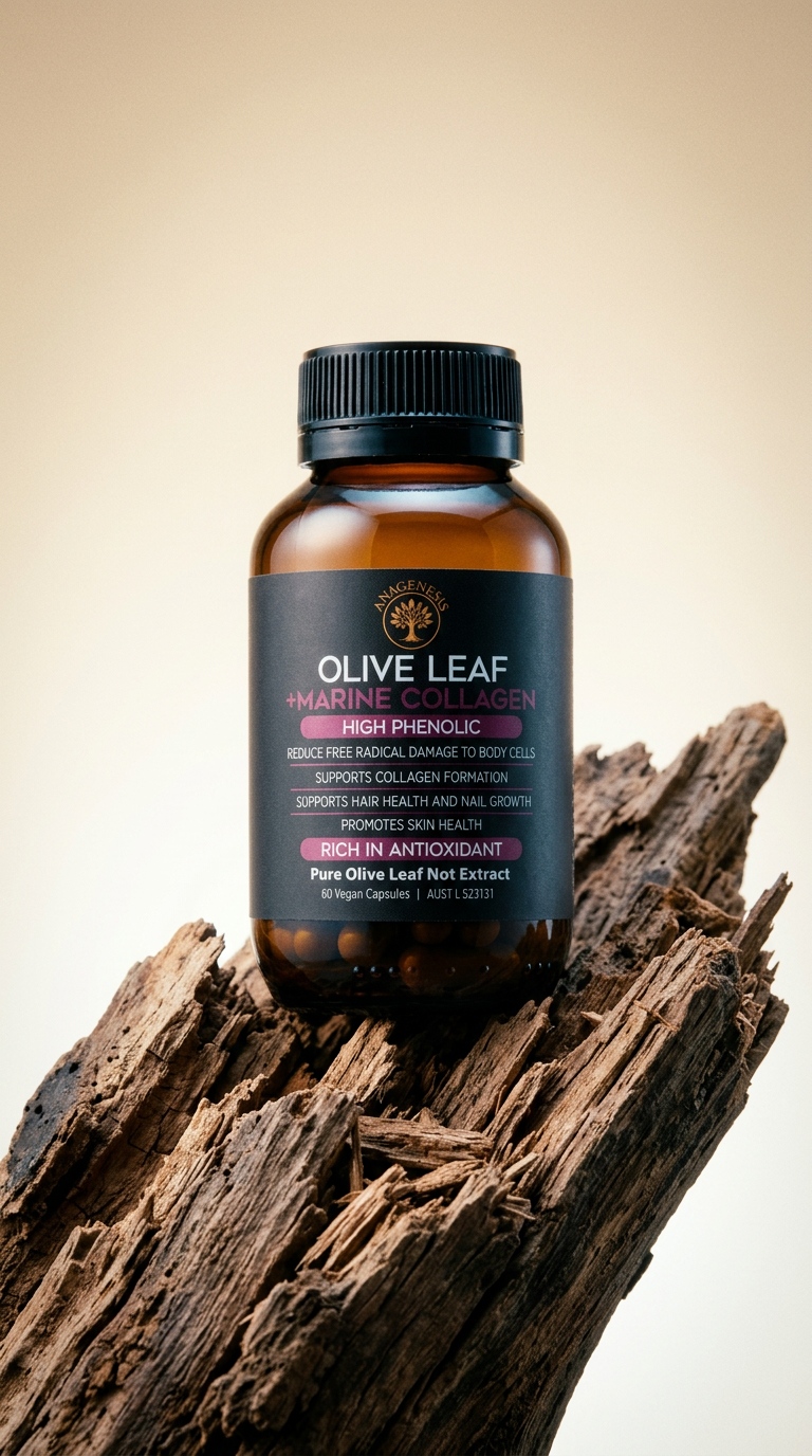 AI product shot of Olive Leaf + Marine Collagen