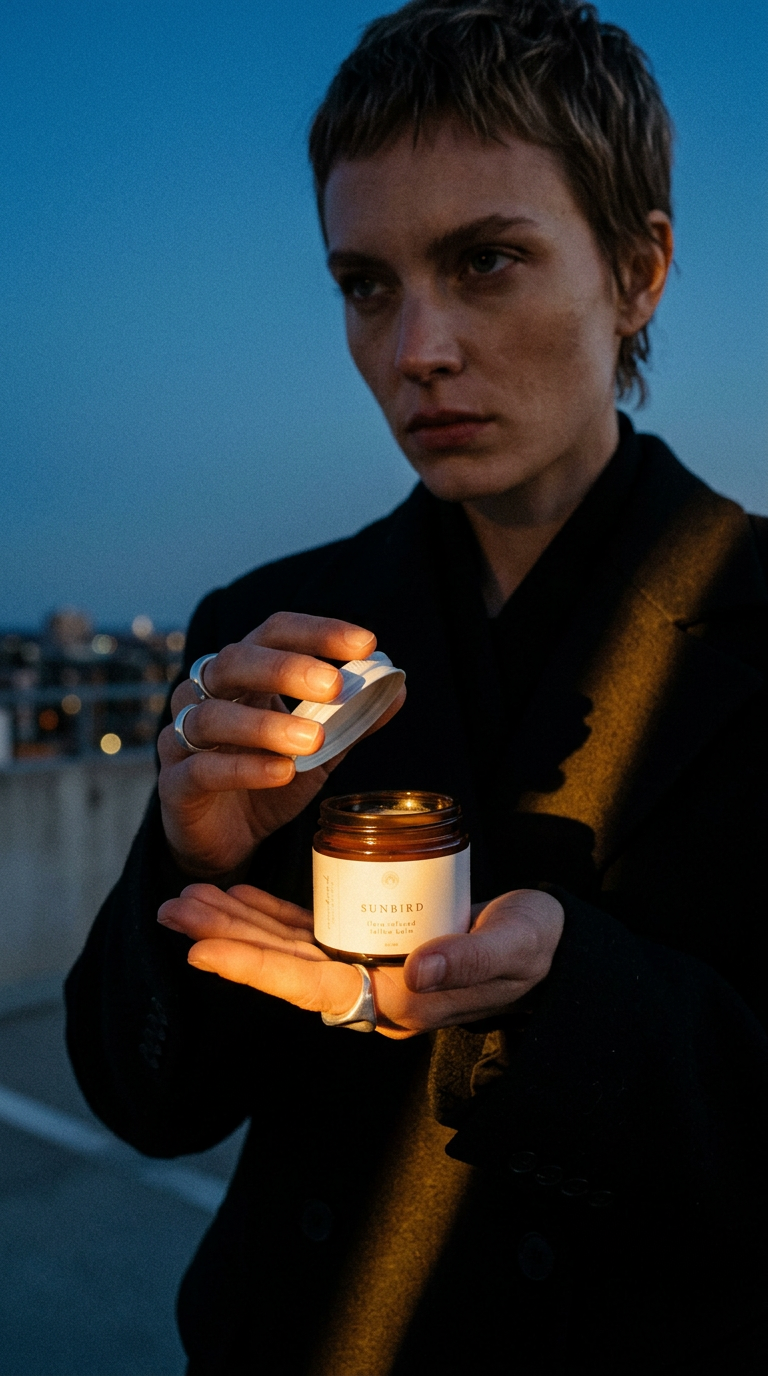 AI product shot of sunbird / flora infused balm