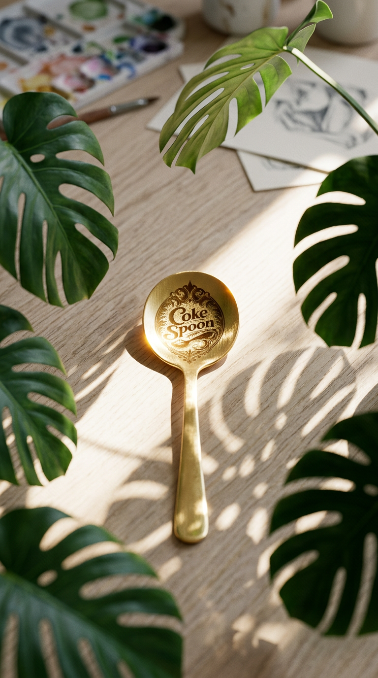 AI product shot of Coke Spoon Engraved Gold Teaspoon, Funny Novelty Spoon, Rude Humour Gift, Sarcastic Cutlery, Cheeky Kitchen Gift