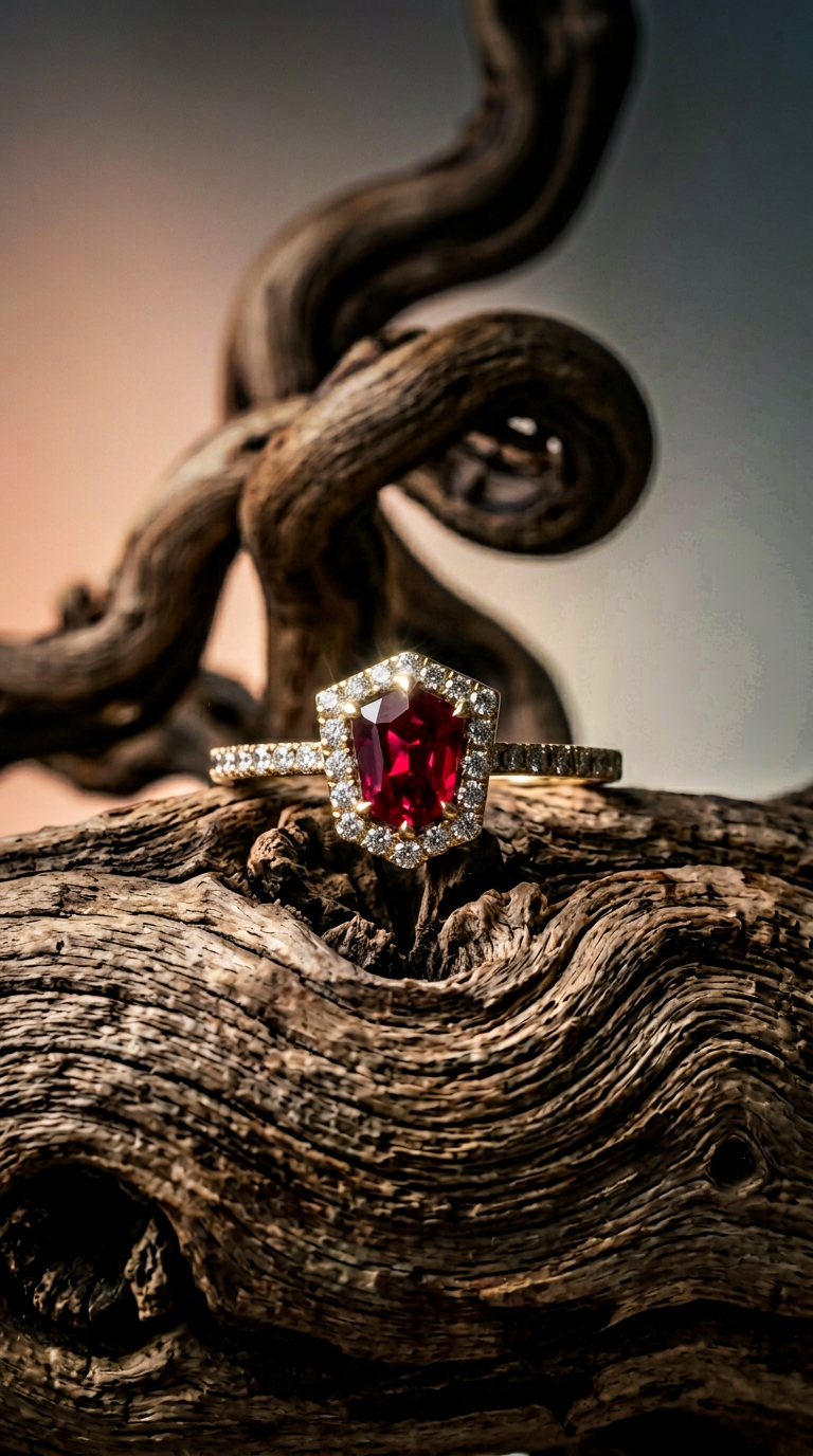 AI product shot of Kinsley Ring with Ruby Shield