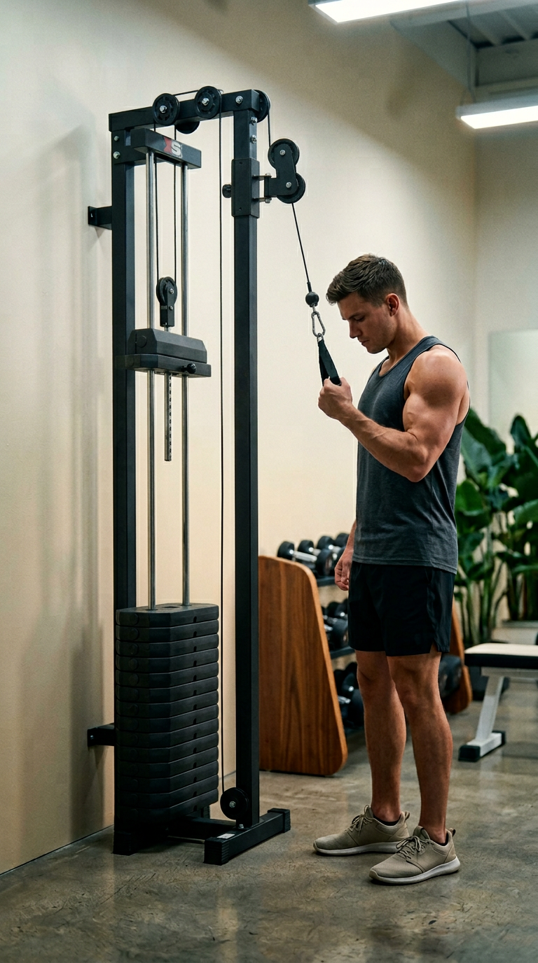 AI product shot of Wall mounted Cable Pulley Machine - 68kg Plate Loaded - Functional Trainer