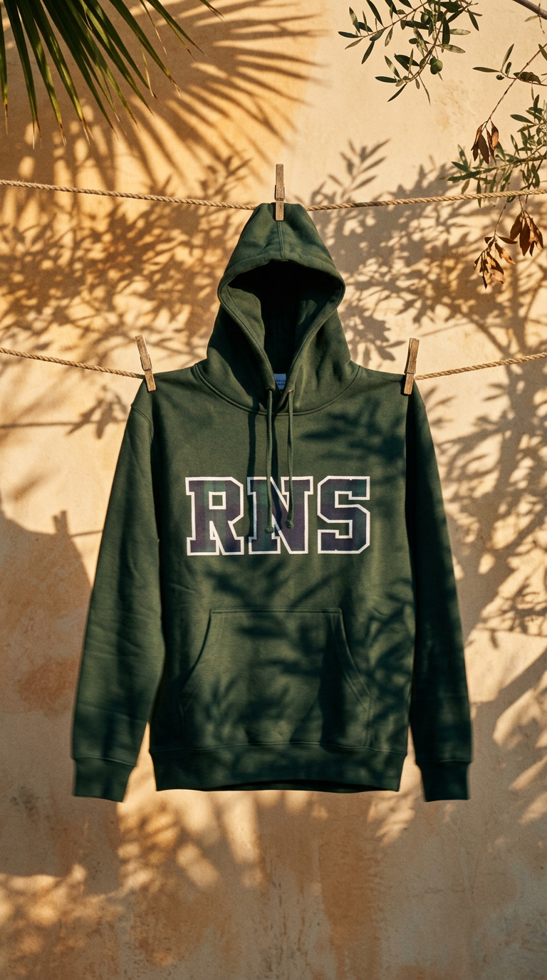 AI product shot of Youth Green Hoodie RNS Plaid Logo
