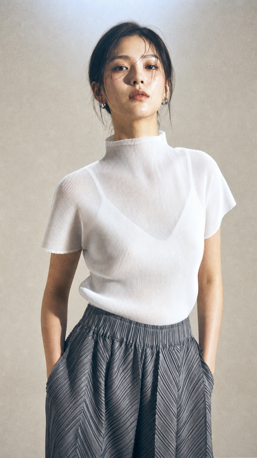 AI product shot of 반넥 플리츠 반팔티