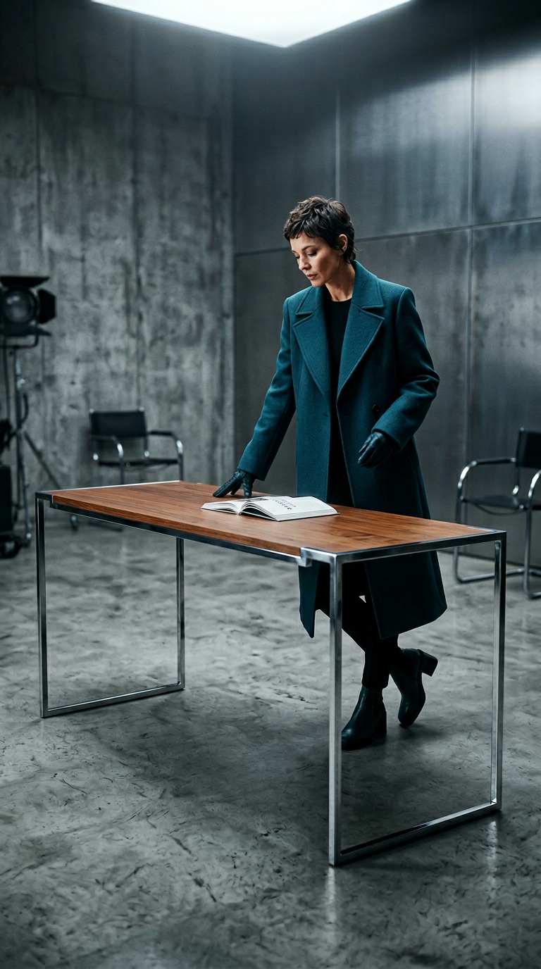 AI product shot of Hover Desk – Walnut and brushed stainless steel
