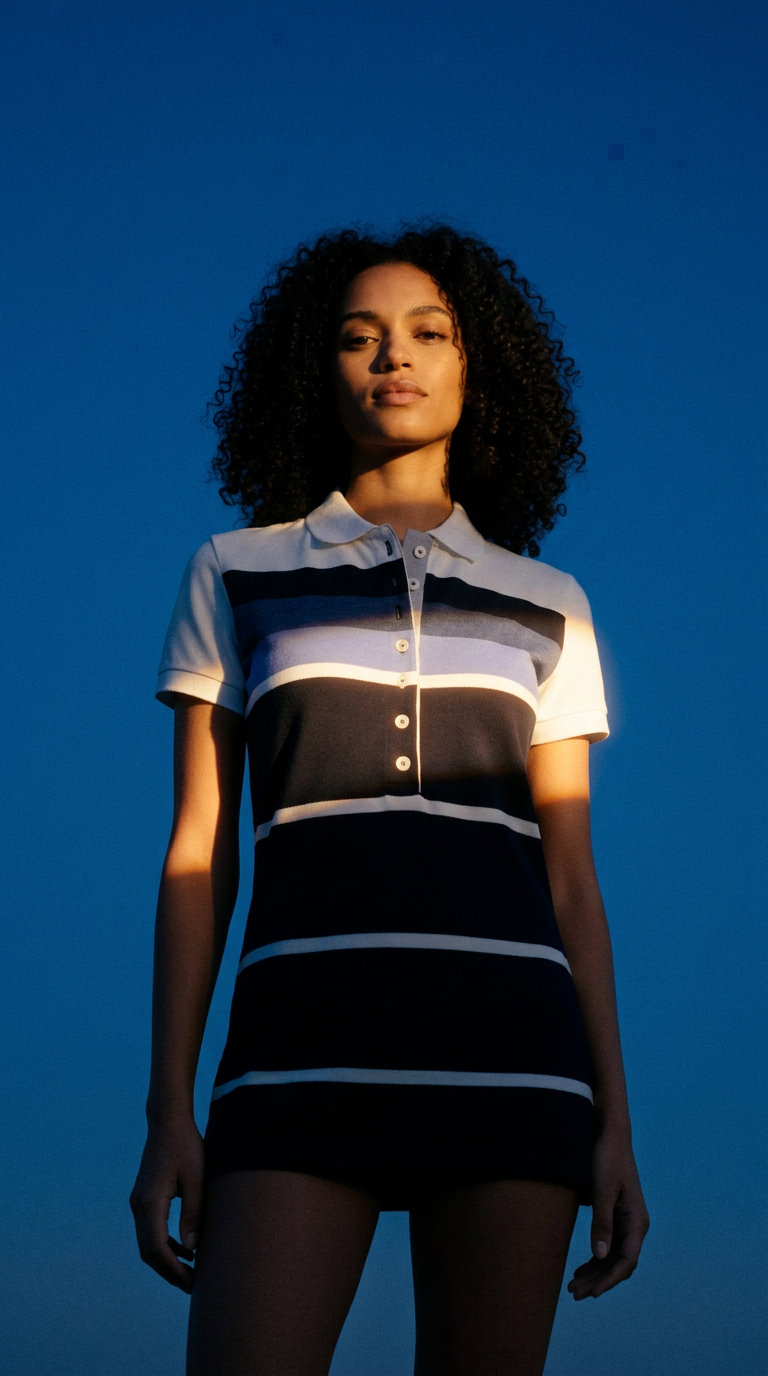 AI product shot of Women's striped collared short-sleeved cotton polo shirt - blue