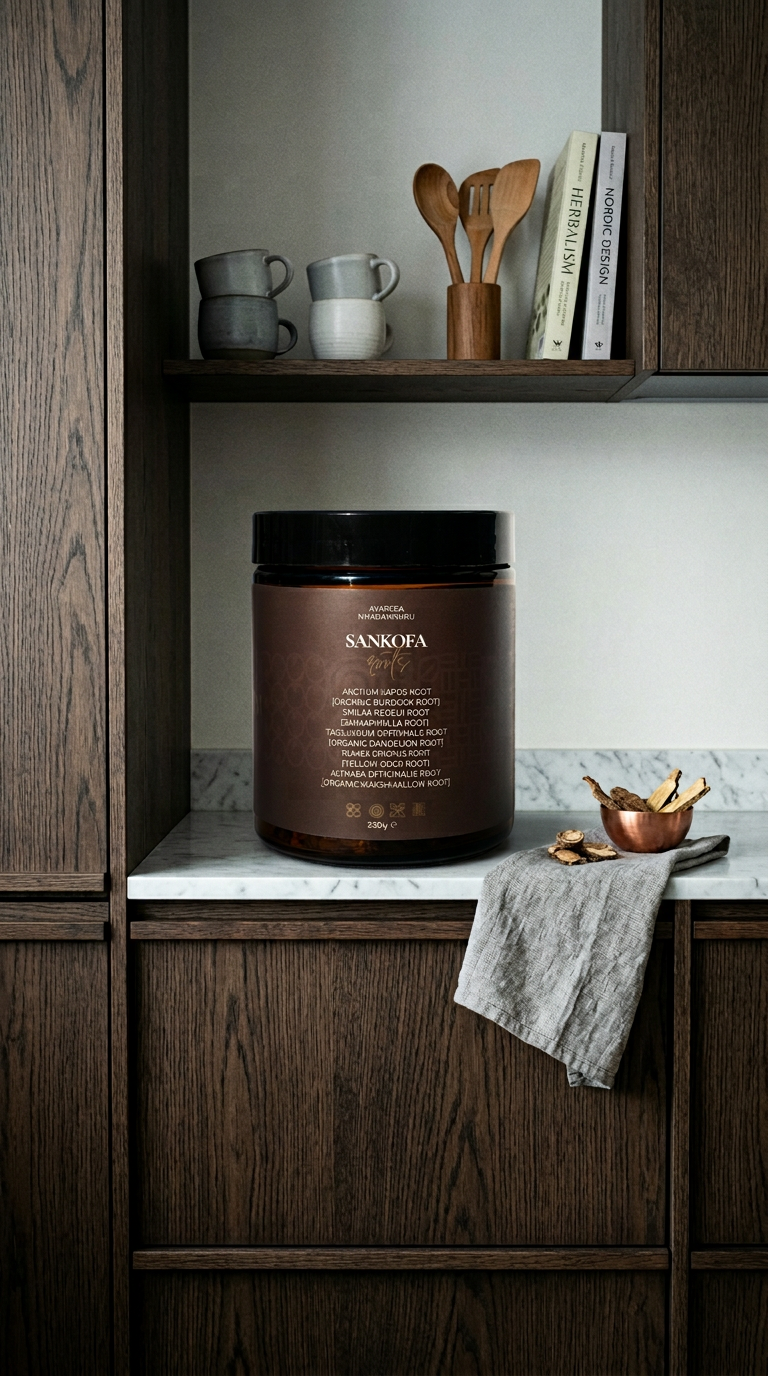 AI product shot of SANKOFA ROOTS TEA BLEND