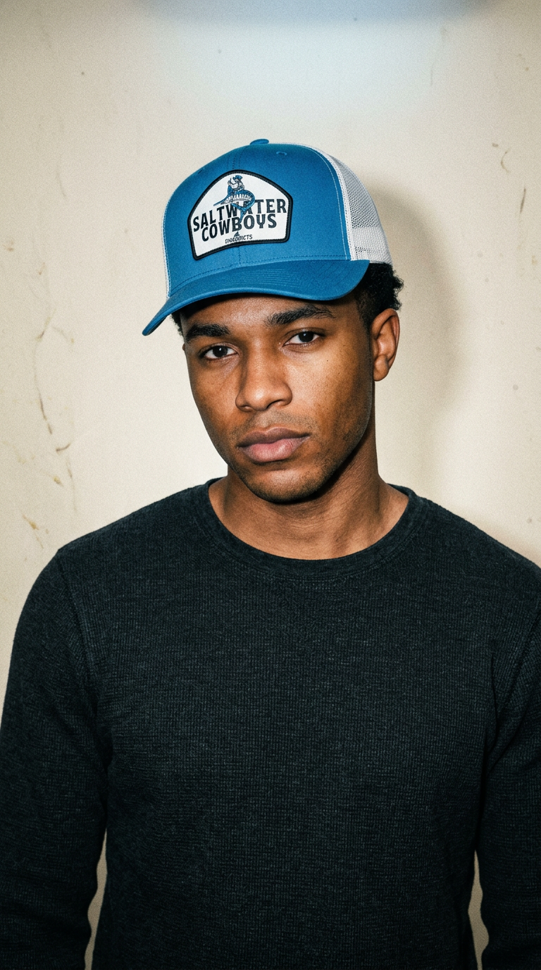 AI product shot of Saltwater Cowboys Hat - Blue Trucker