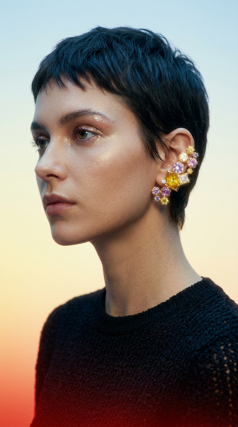 AI product shot of The Mananasi Solar Cluster: One-of-a-Kind 18k Gold, Rare Sapphire & Ocean Diamond Earrings