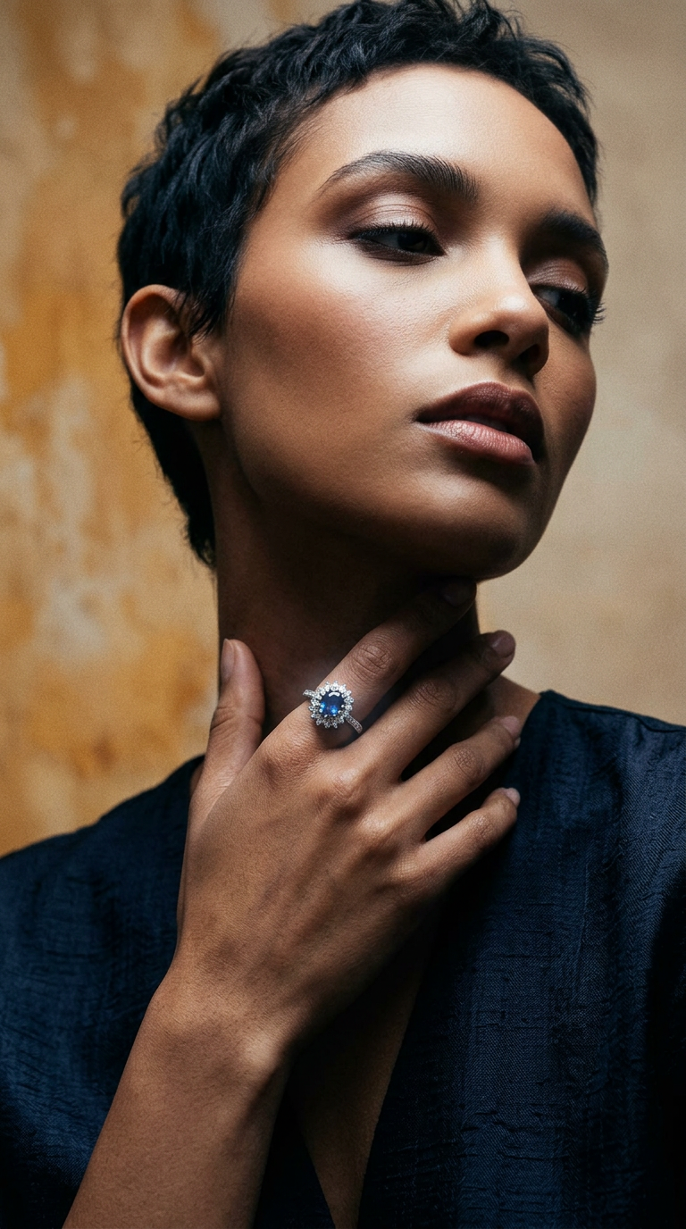 AI product shot of 14K Gold Sapphire Diamond Ring