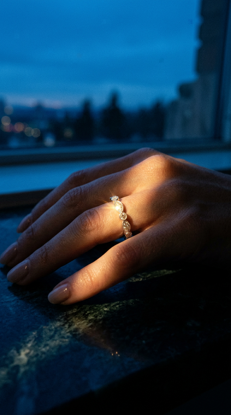 AI product shot of WHITE GOLD AND DIAMOND VINTAGE-INSPIRED WIDE BAND RING | FRIDA FINE