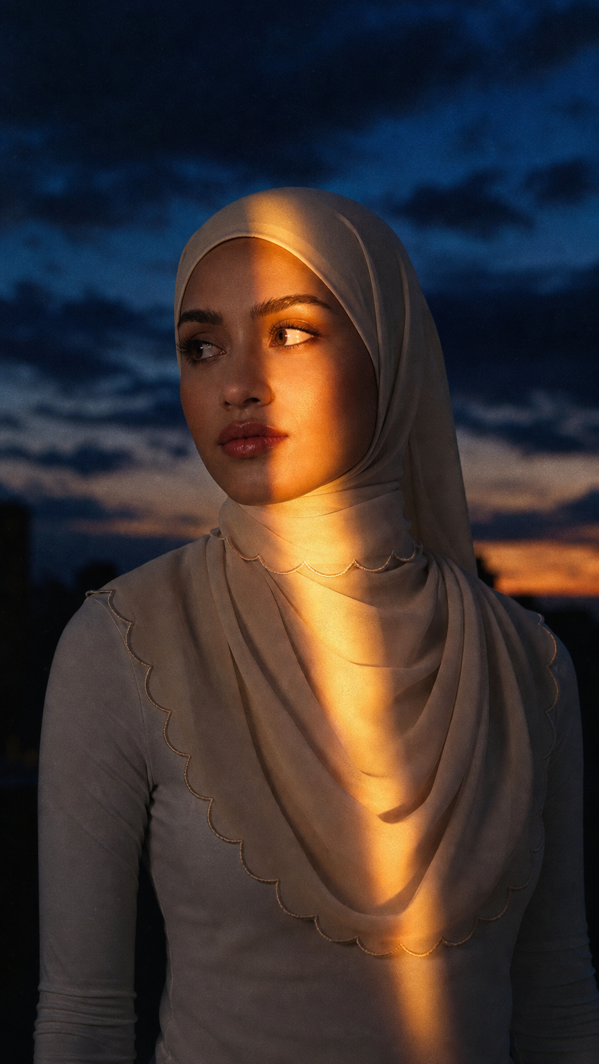AI product shot of Leily Scallop Chiffon Headscarf - Oat Milk