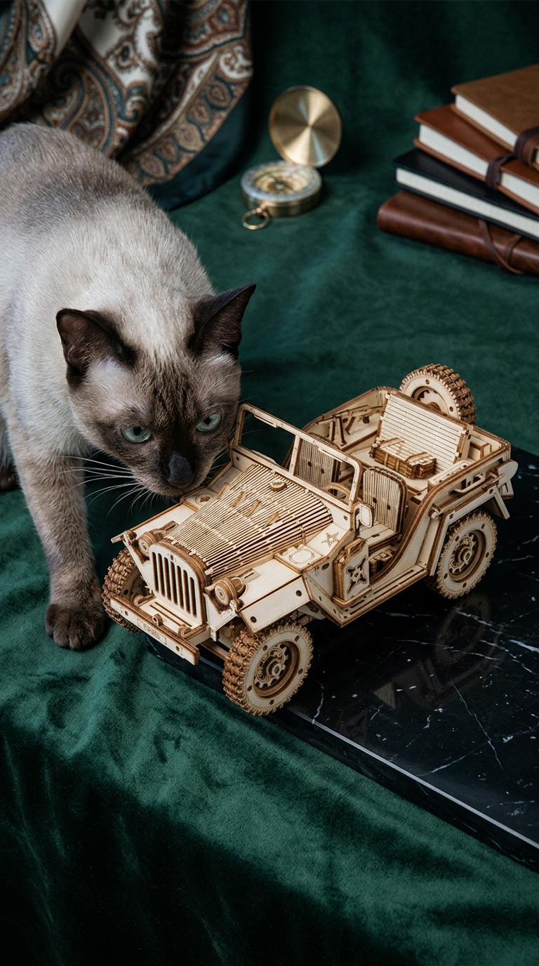 AI product shot of 3D Wooden Puzzle Army Jeep – 1:18 Model Kit