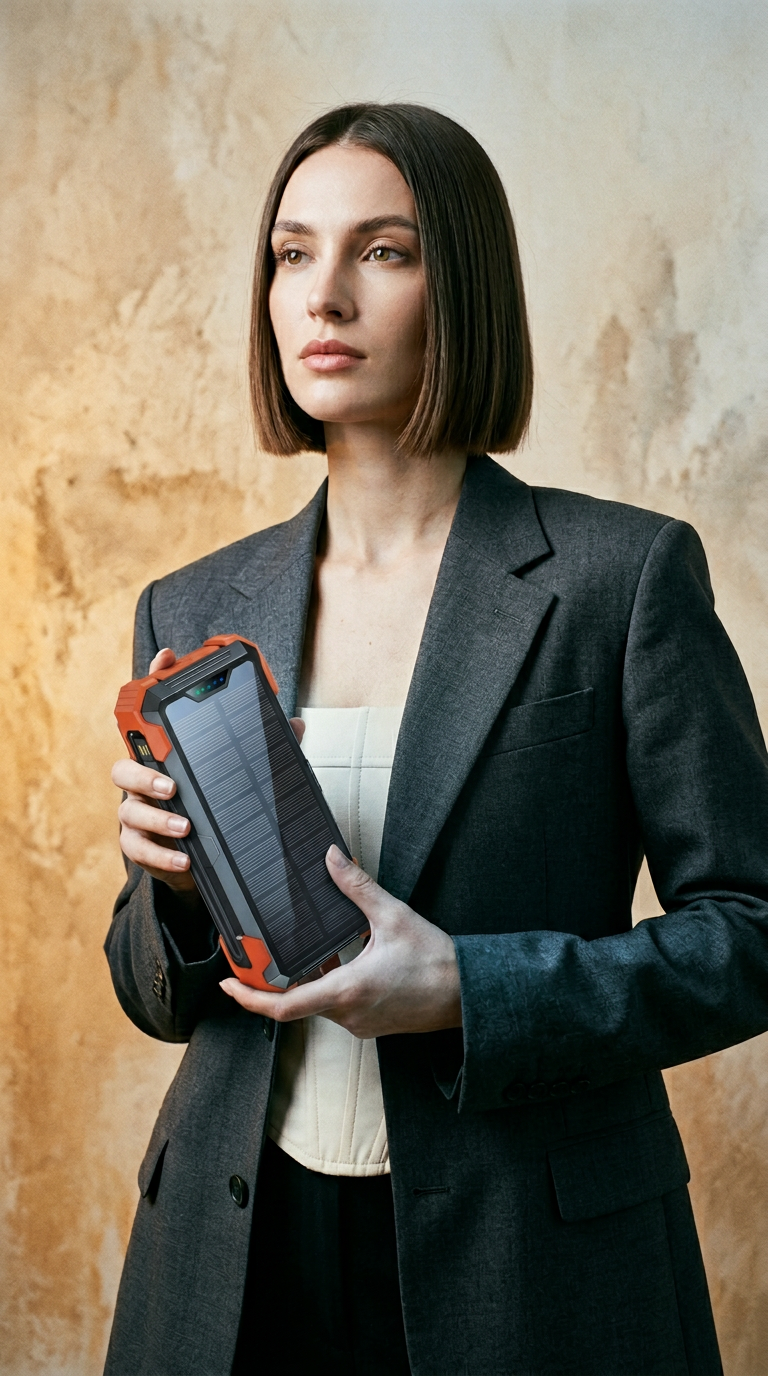AI product shot of Amply solar Power bank