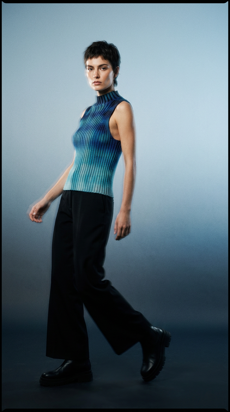 AI product shot of VERTICAL RIB-KNIT VEST (BLUE HALFTONE)