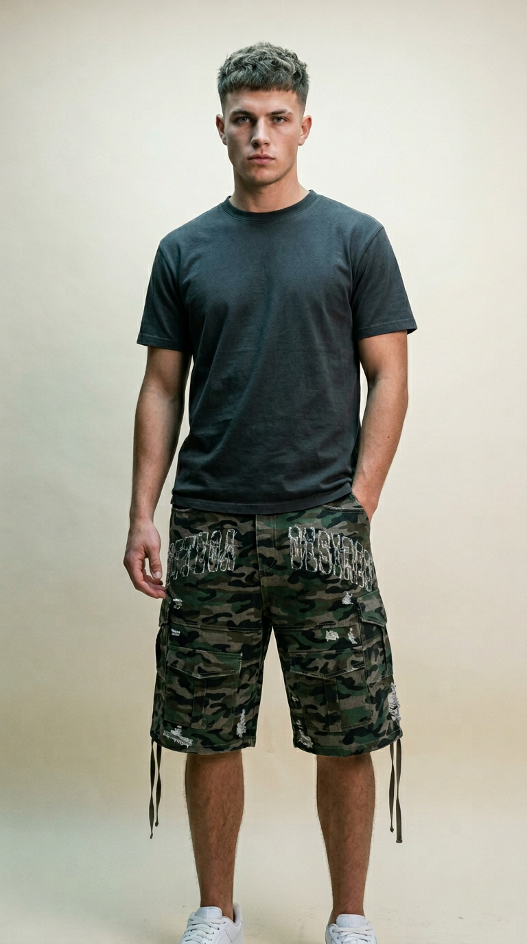 AI product shot of Bottega Desires CAMO CARGO SHORTS