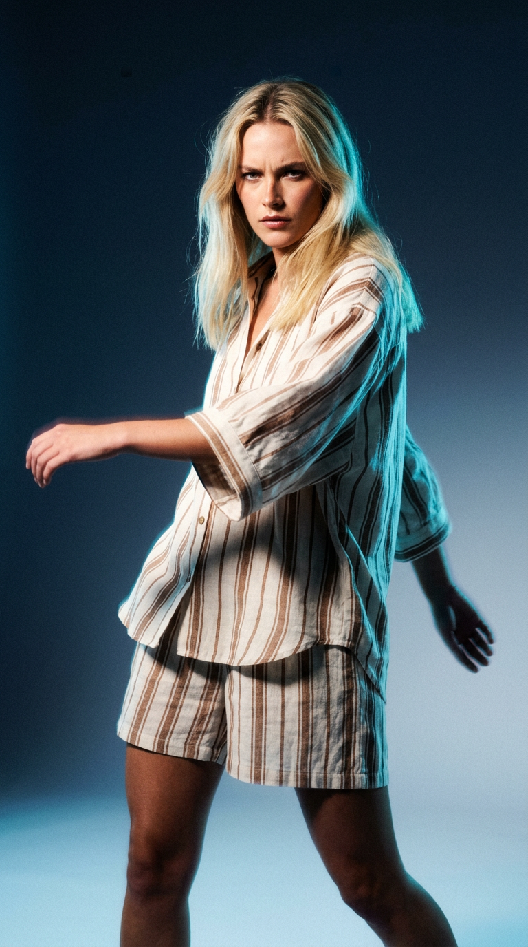AI product shot of French Flax Linen Ruby Shirt in Hazelnut Stripe