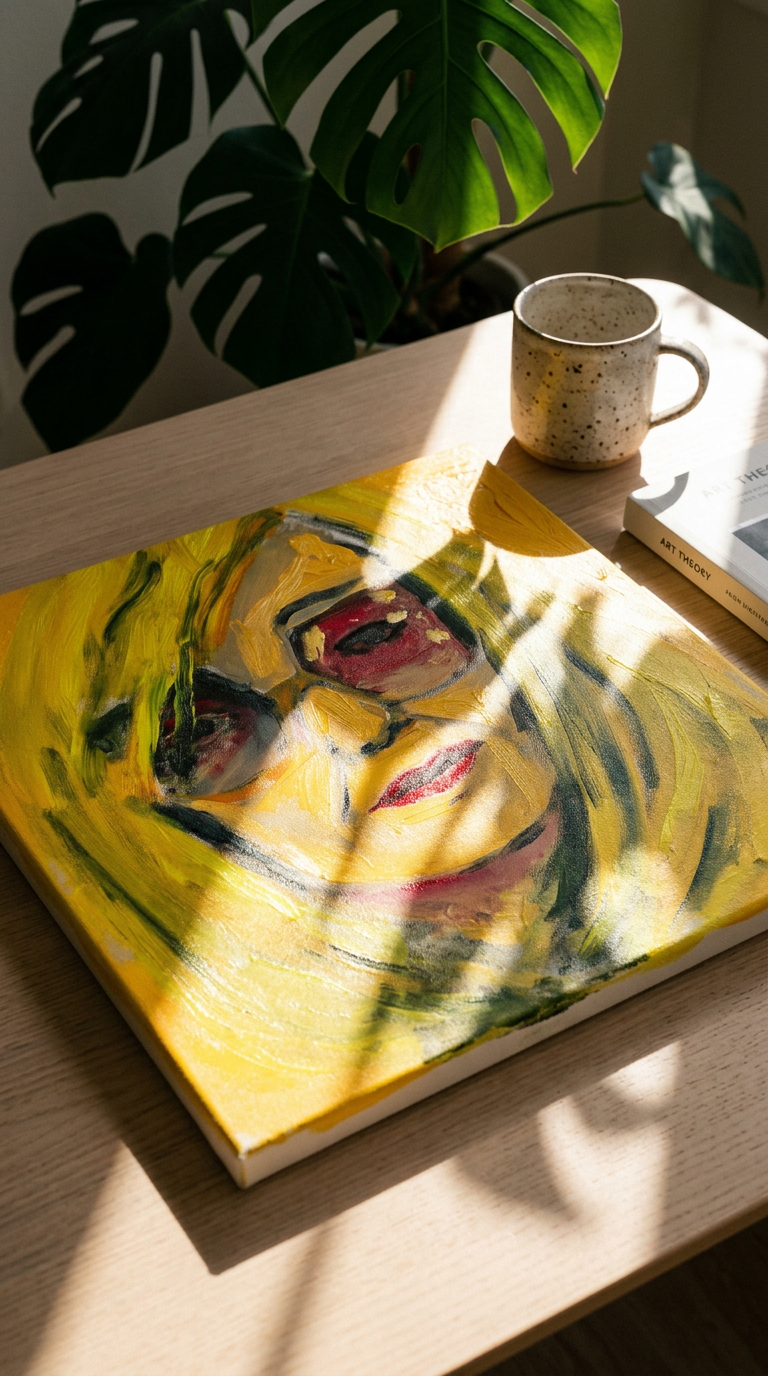 AI product shot of Françoise sans gants - acrylique 50 cm x 50 cm de la série de peintures des célébrités maniaco-esthétiques du XXI eme siècle 2023/2025 – Jérôme Barbe Fontaine