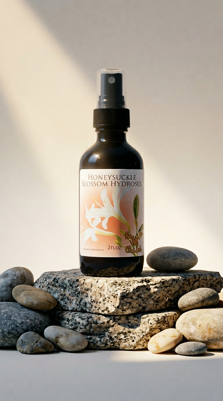 AI product shot of Honeysuckle Flower Hydrosol made in Ojai