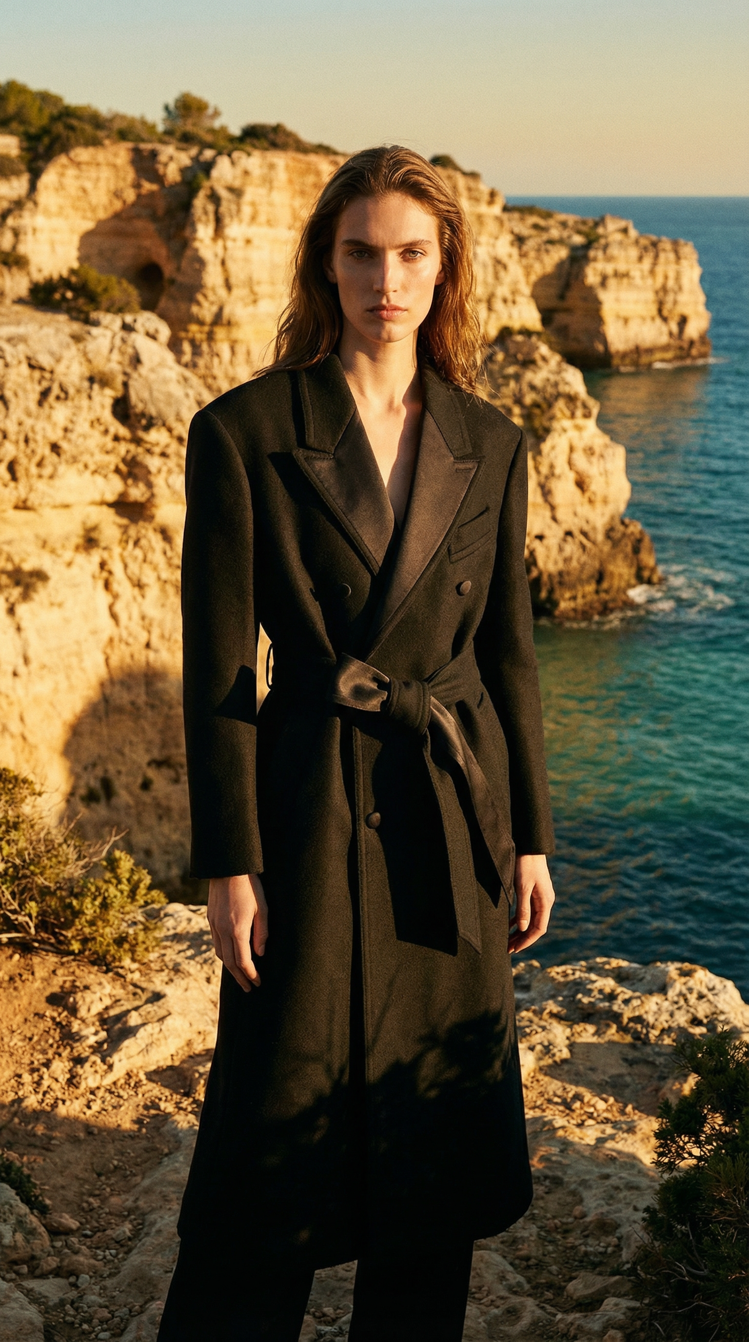 AI product shot of Black Wool Smocking Double Breasted Long Coat