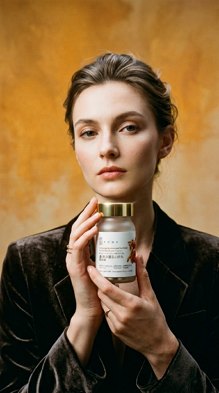 AI product shot of POME 蟲草赤靈芝心肝丸(菌絲體)