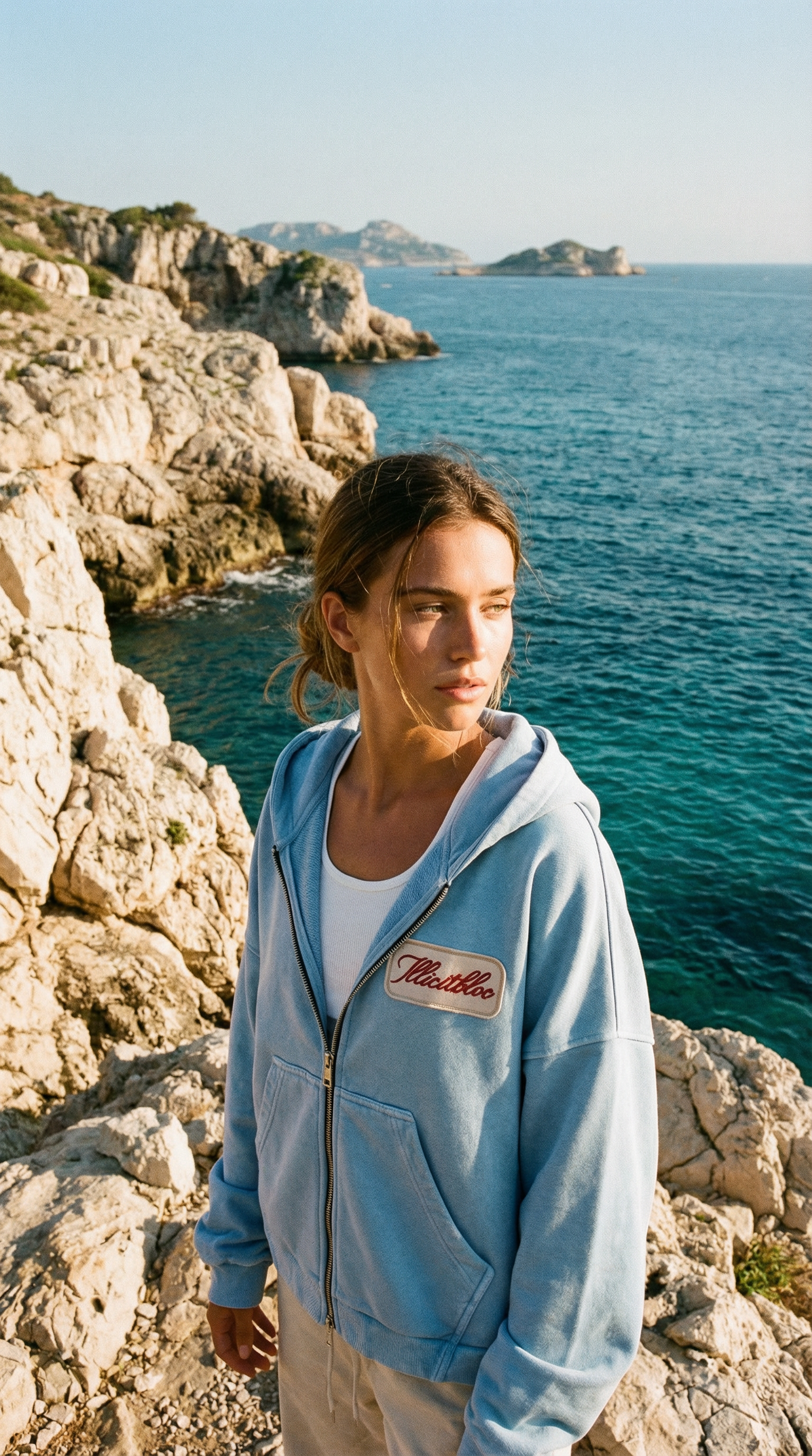 AI product shot of PATCHWORK ZIP HOODIE - POWDER BLUE