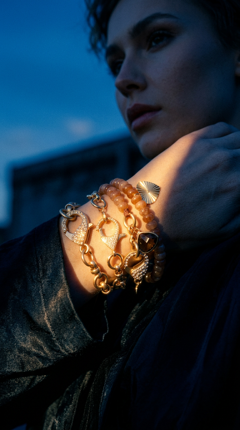 AI product shot of Amber Glow Bracelet: Yellow Topaz Stone Bead Bracelet with Pavé Clasp and Crystal Charm