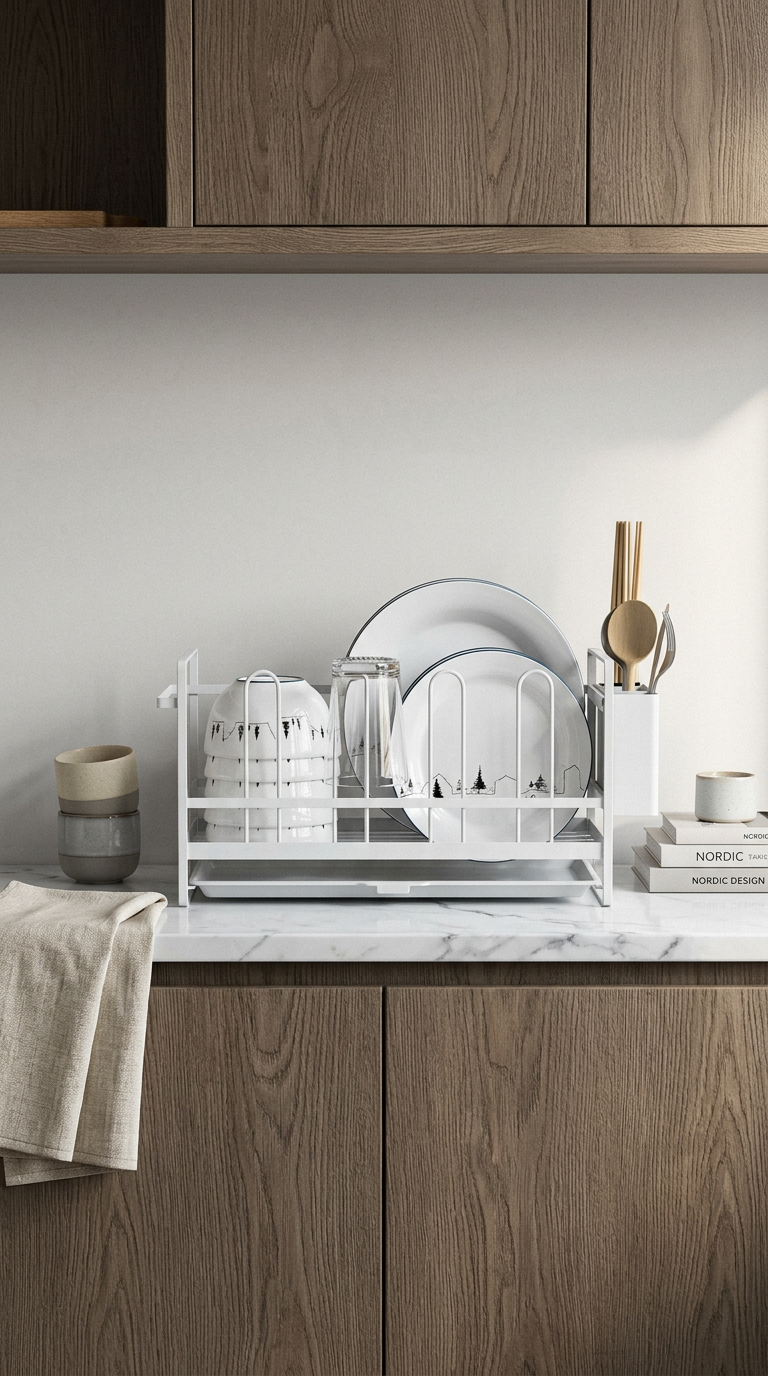 AI product shot of 틈새 식기건조대 미니 물빠짐 컵건조대 주방 싱크대 그릇 설거지 건조대