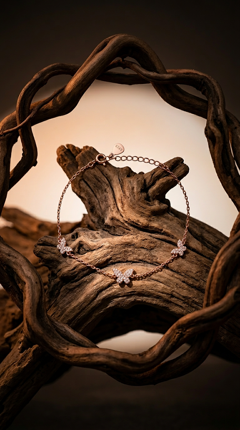 AI product shot of 925 Sterling Silver Butterfly Bracelet, Rhodium or 14k rose gold Plated
