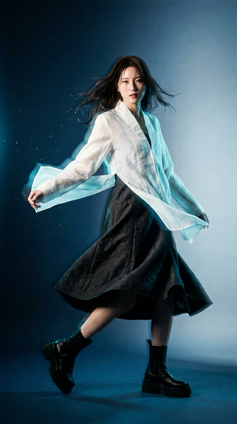 AI product shot of 신 맞깃 적삼 저고리 [화이트]