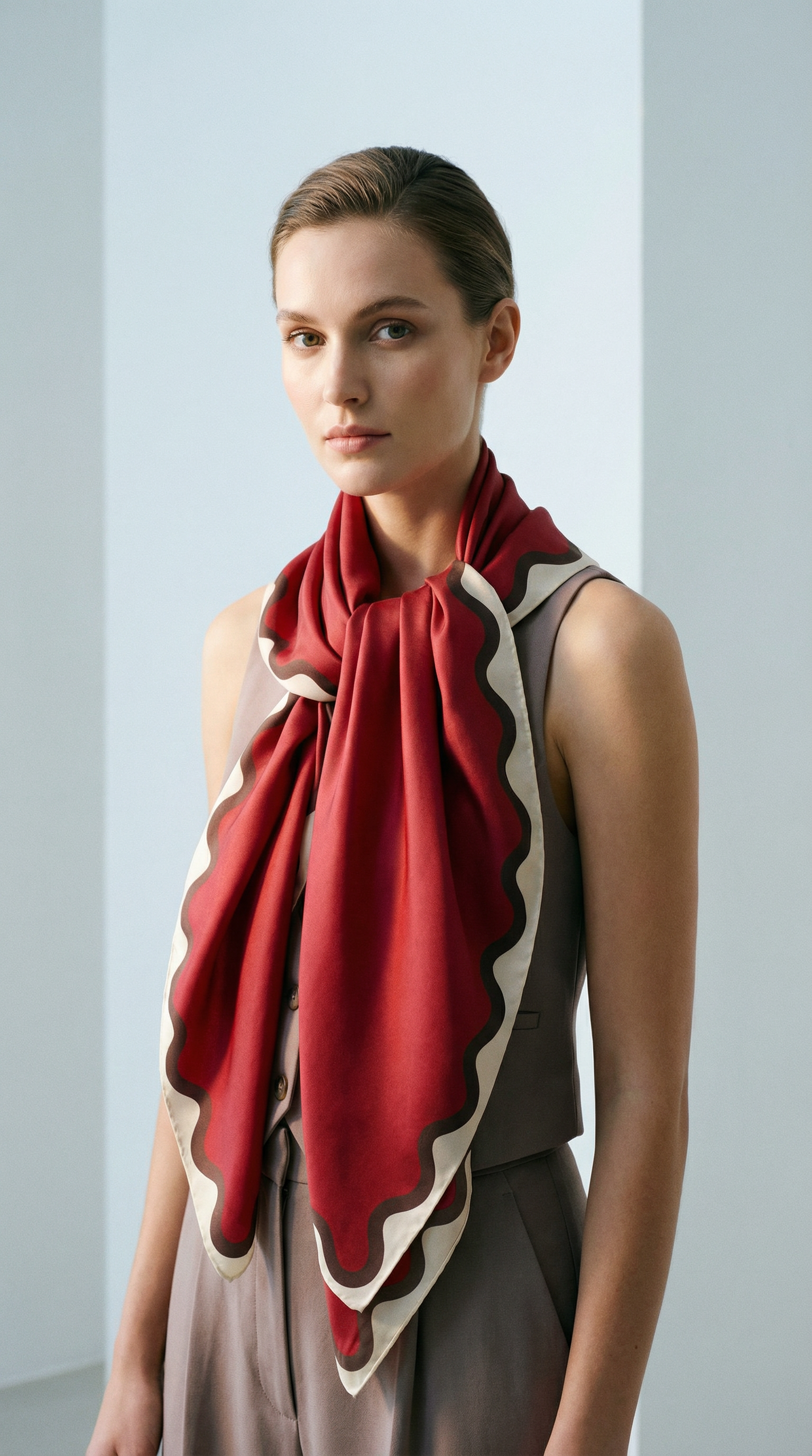 AI product shot of Etta Scarlet/Cocoa Silk Cotton Scarf - 64x64cm
