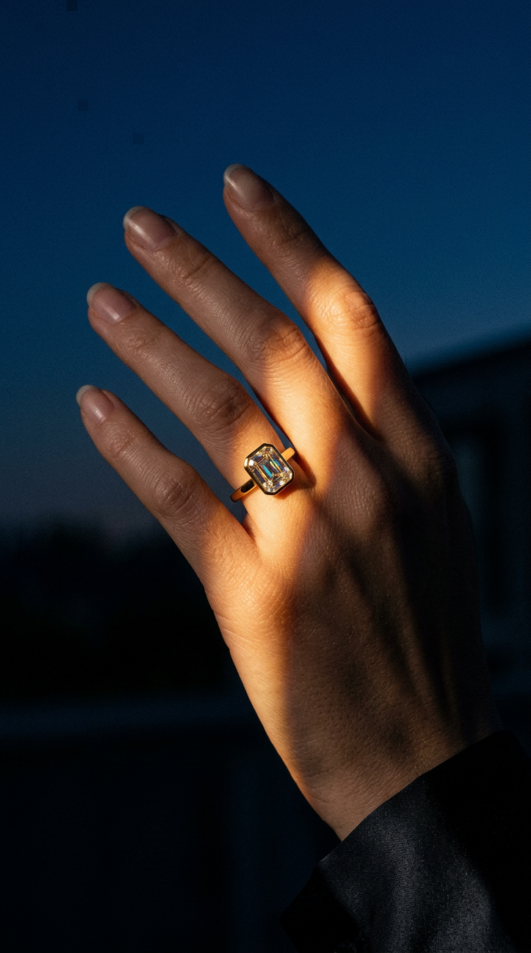 AI product shot of 3.00 CT Emerald Cut Moissanite Diamond Engagement Ring