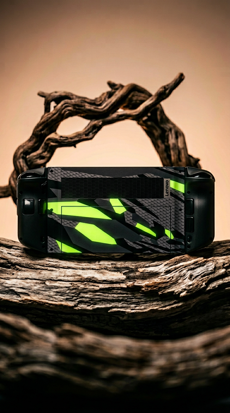 AI product shot of Lenovo Legion Go SIGNATURE Abstract Green CAMO Skin