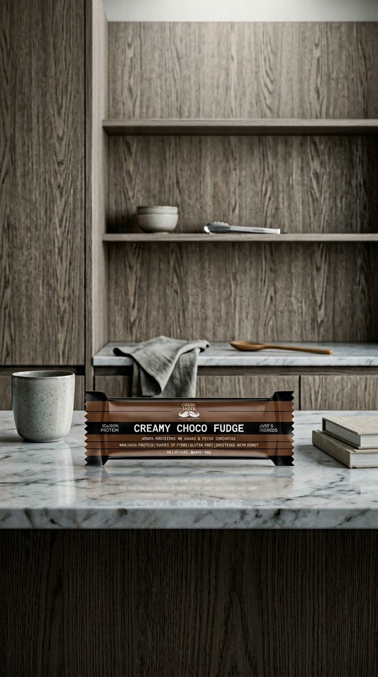 AI product shot of Creamy Choco Fudge Premium Raw Μπάρα Πρωτεΐνης 30% Χωρίς Γλουτένη – myGreekTaste – 60gr