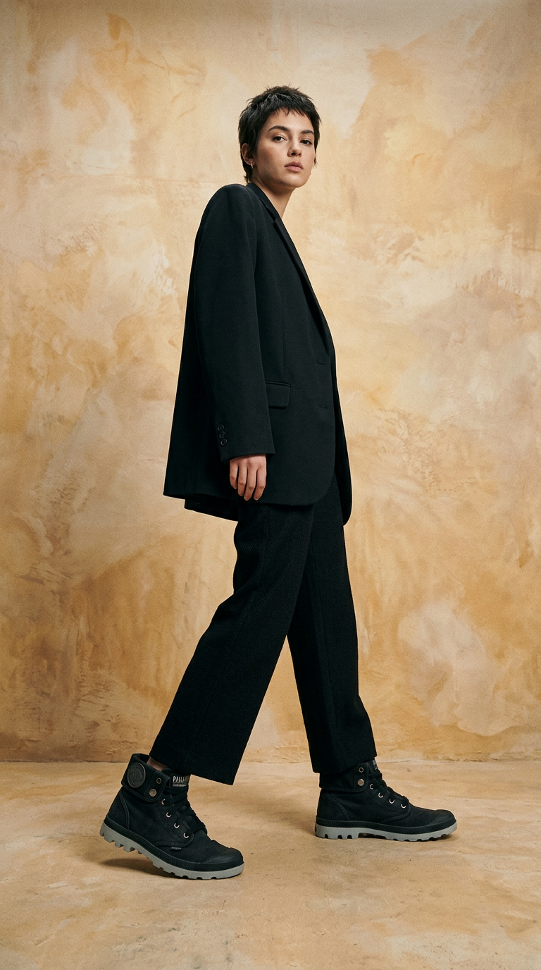 AI product shot of Palladium Boots Women's 9.5 Baggy Foldover Lace-Up Sneakers Black Gorpcore