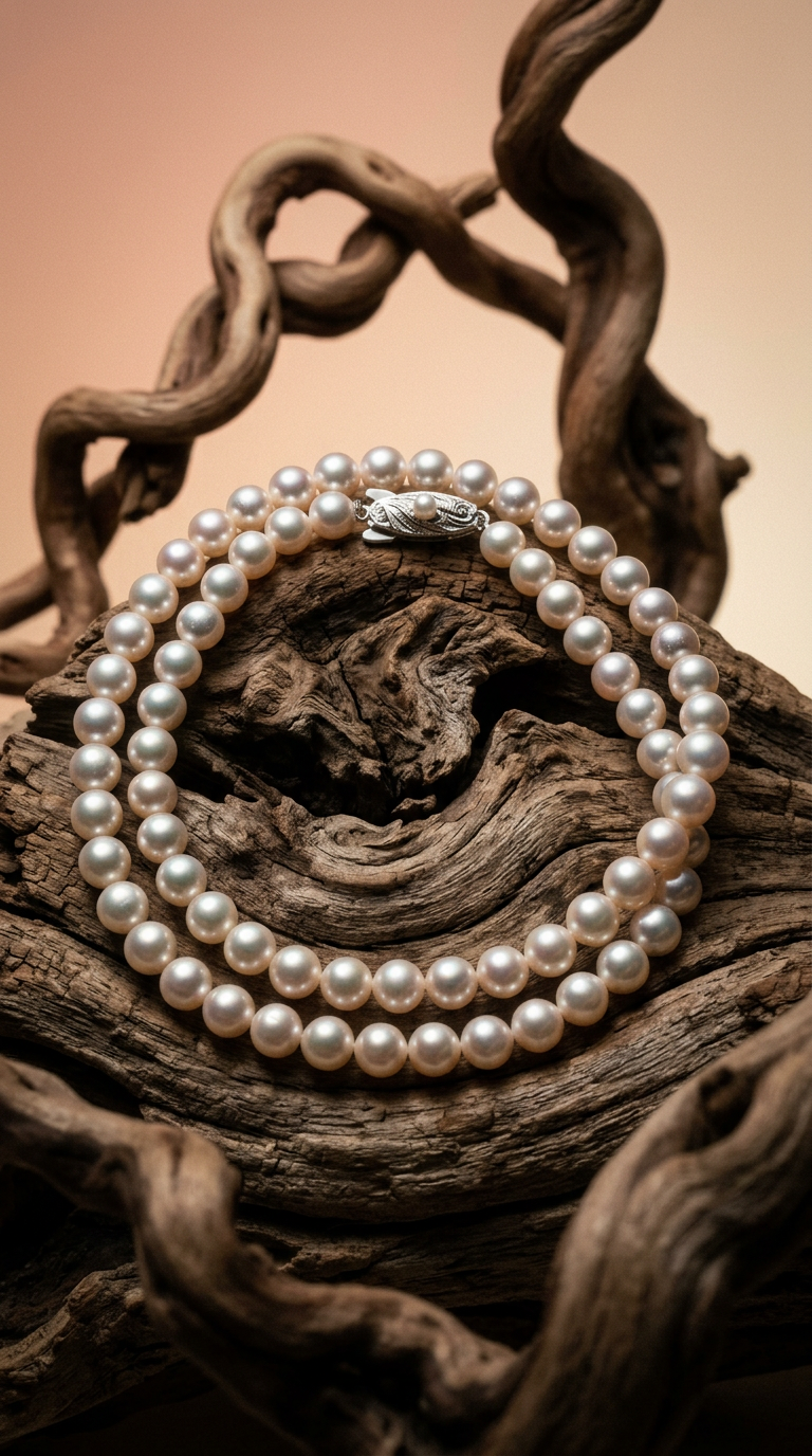 AI product shot of TASAKI saltwater Akoya pearl necklace, 6.5-7mm