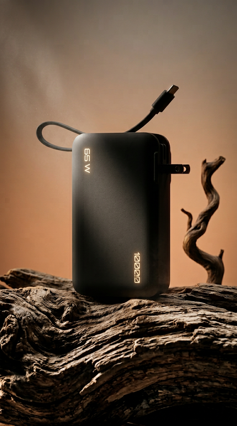AI product shot of 10K mAh Power Bank with Integrated Cable - 65W