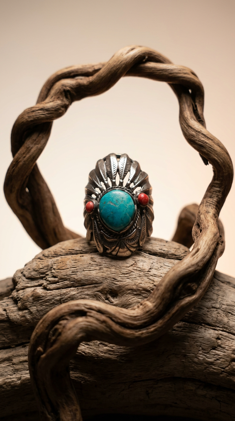 AI product shot of Turquoise Cuff Ring Inspired by Native American Headdress, Genuine Sterling Silver & Turquoise, Gift-Ready Packaging