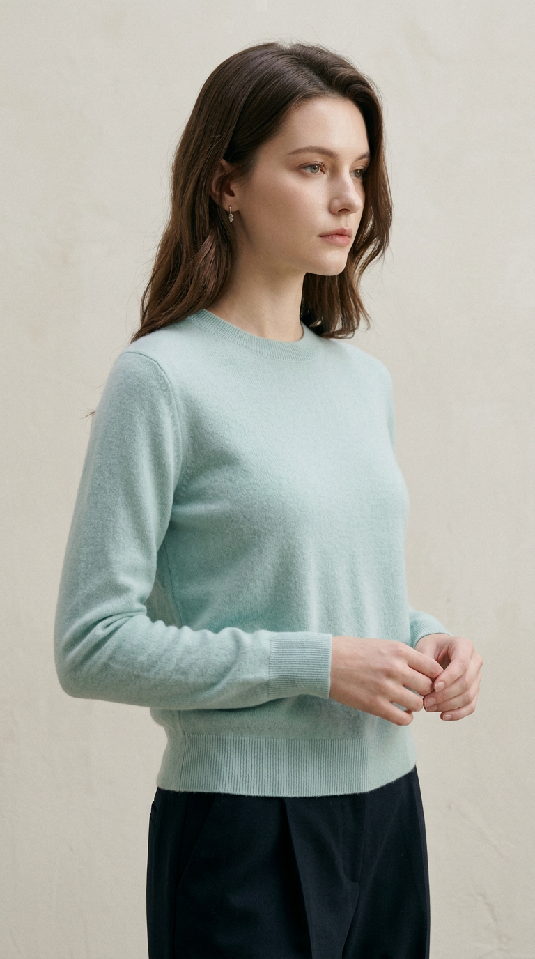 AI product shot of [100% Cashmere] 시그니처 크루넥 캐시미어 풀오버_ 민트