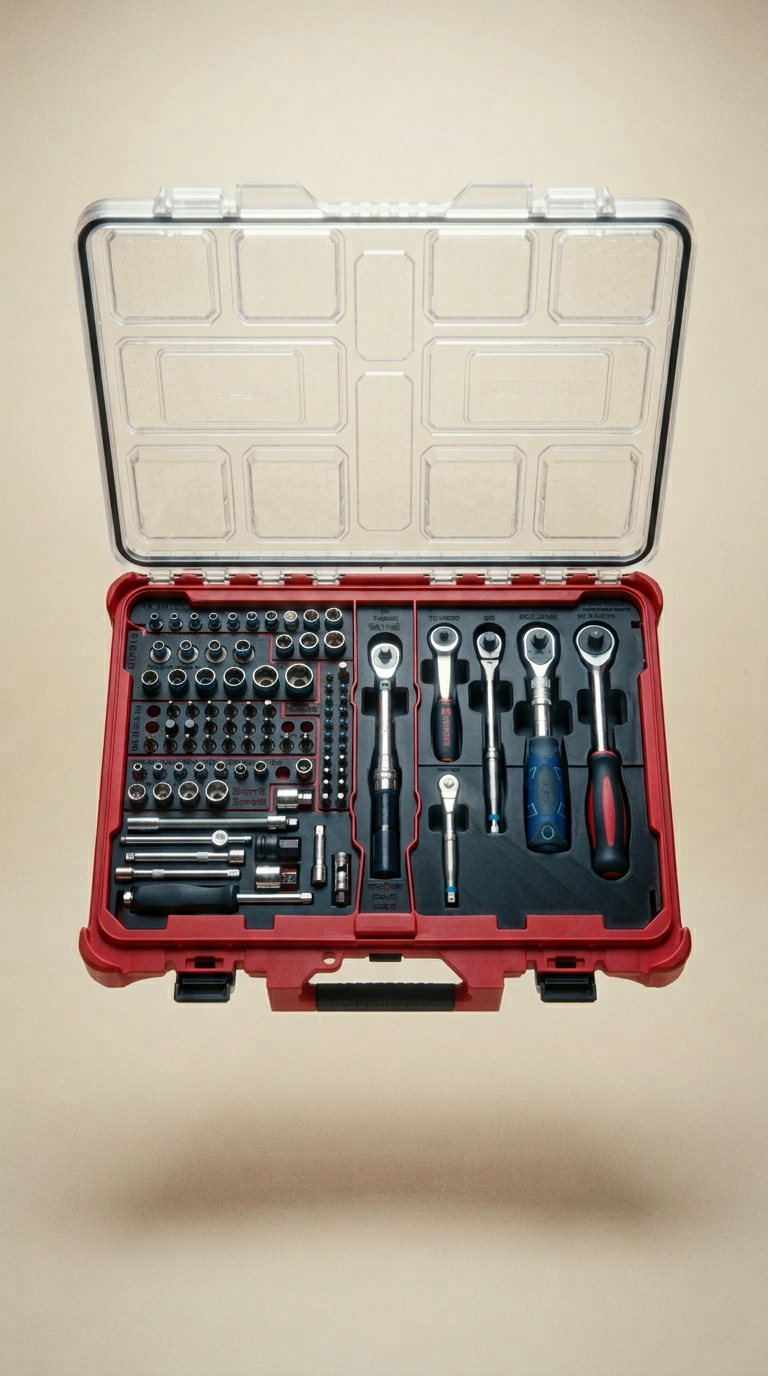 AI product shot of 1/4" + 3/8" Sockets & Tools Insert | PACKOUT Low-Profile Organiser 48-22-8431