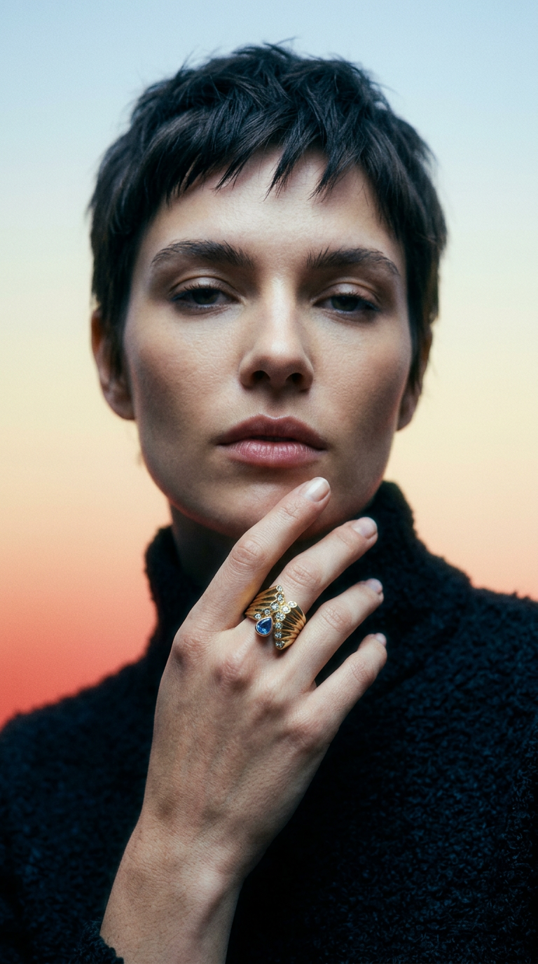 AI product shot of Sapphire and Diamond Ribbed Ring 18K Gold R6726