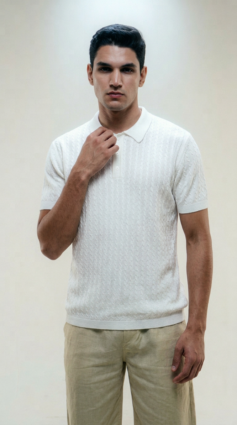 AI product shot of CABLE KNIT SHORT SLEEVE POLO SHIRT