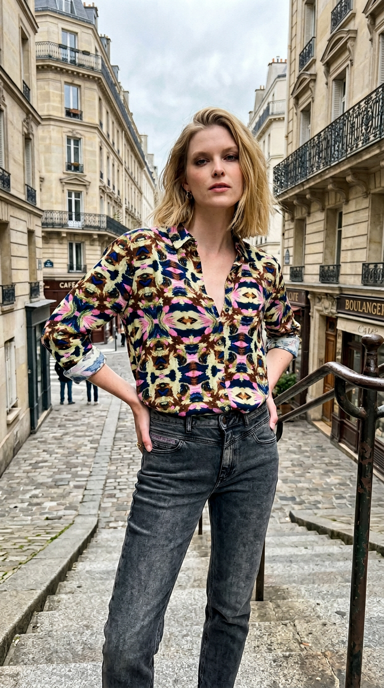 AI product shot of POM Blouse - Mila Butterfly Sky