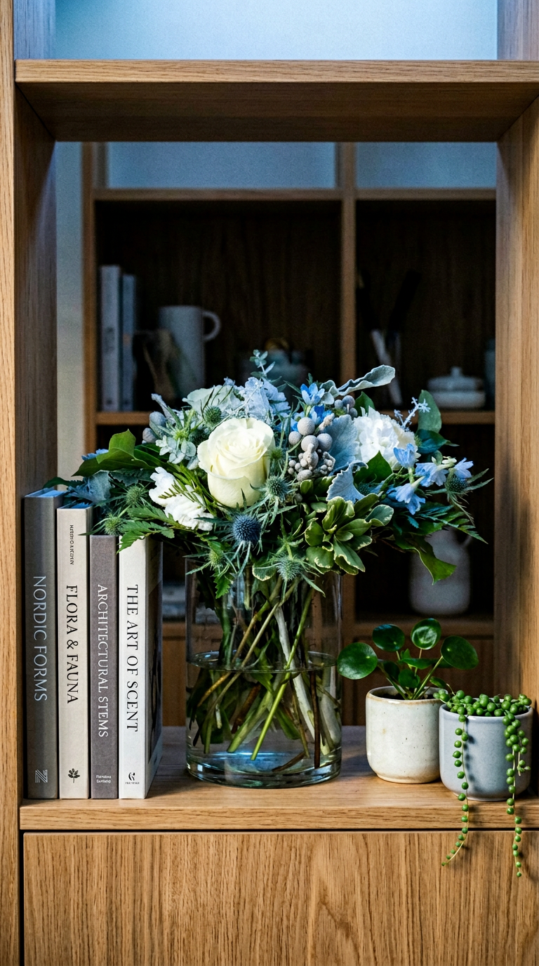 AI product shot of Blue and Silver Holiday Low and Lush Floral Arrangement