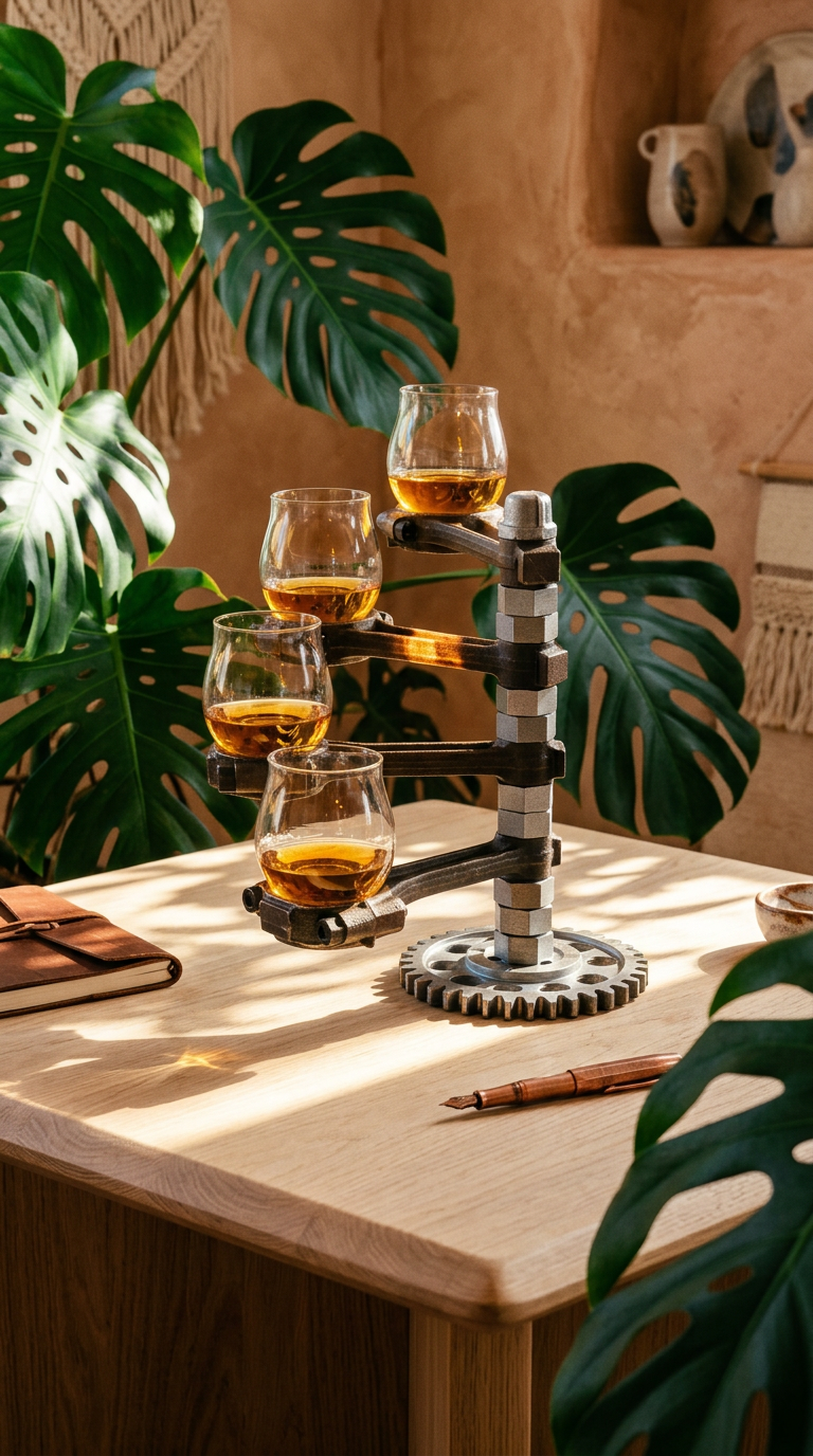 AI product shot of Piston and Gears - Whiskey Glass Stand