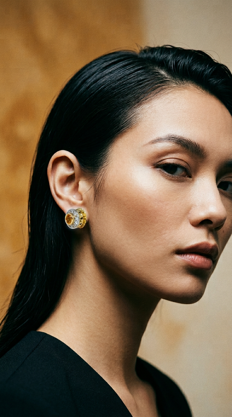 AI product shot of 14K Gold Citrine Diamond Vintage Earrings
