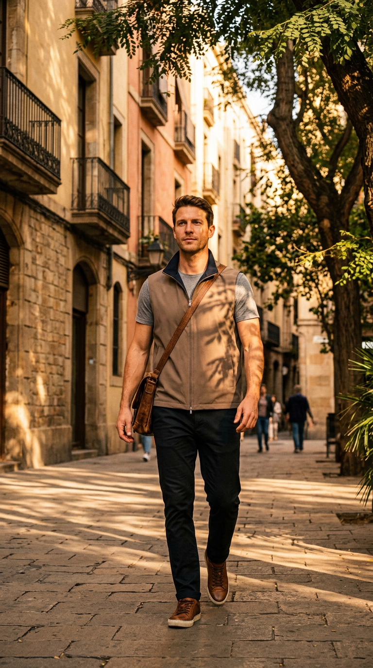 AI product shot of Modern Softshell Vest – Sand