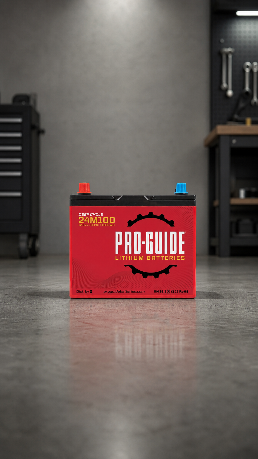 AI product shot of 12V 100AH Group 24 LiFePO4 Deep Cycle Battery