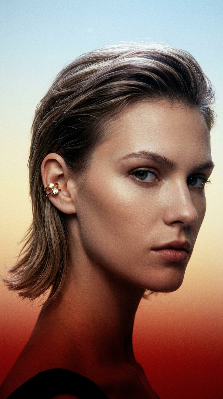 AI product shot of EVE Gold Ear Cuff with Stones – Minimalist Crystal No Piercing Jewelry | Ash Mollie Studio