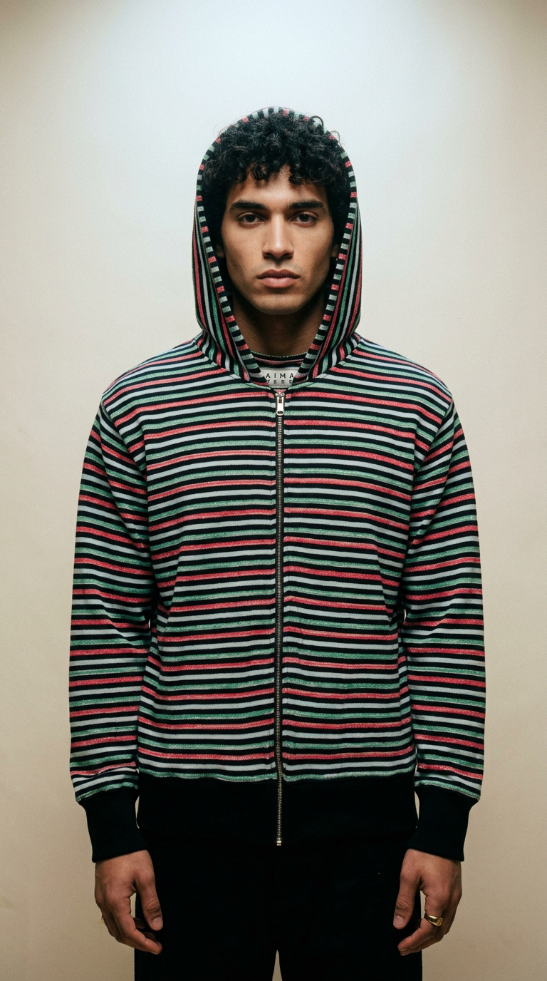 AI product shot of Striped Zip-Up Hoodie