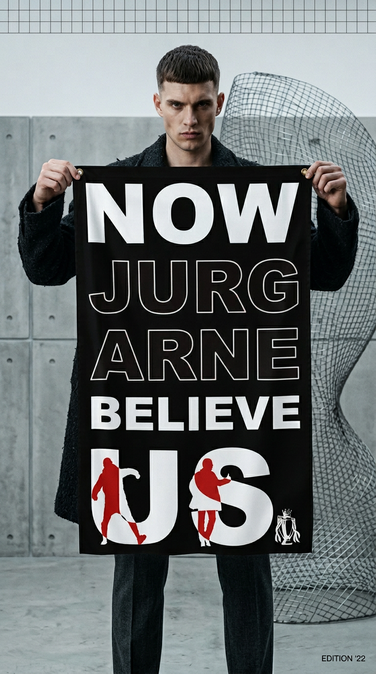 AI product shot of LFC Now Jurg Arne Believe Us Black Flag